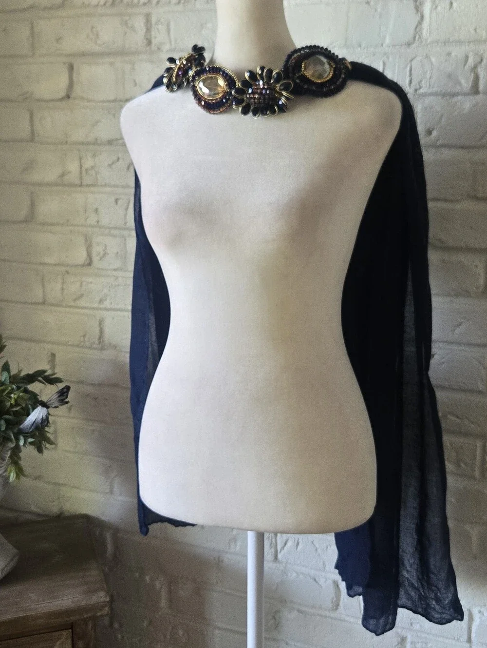 Vtg 80s 90s Flowy Faceted Jewel Embellished Neck Scarf, Party, Formal, Navy